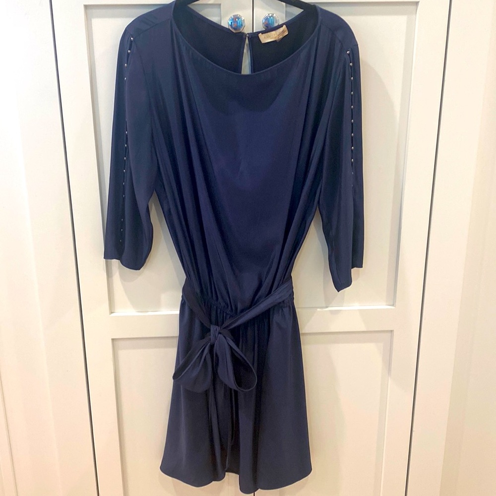 Ramy Brook New York M stud embellished navy mini-dress elastic waist tie belt